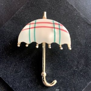 Vintage Umbrella Pin Gold Tone Cream Red Green